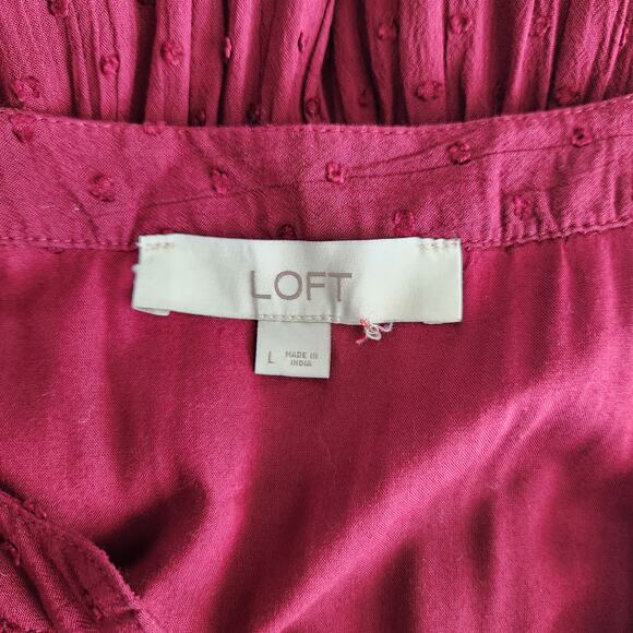 LOFT Burgundy Swiss Dot Textured Button Front Midi A-Line Dress L - Picture 8 of 11